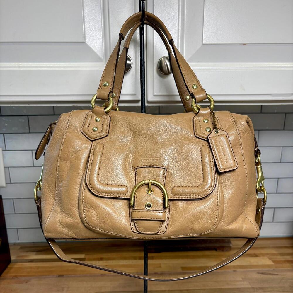 Coach Camel Pebbled Leather Campbell Satchel Bag F24690 Brass Hardware